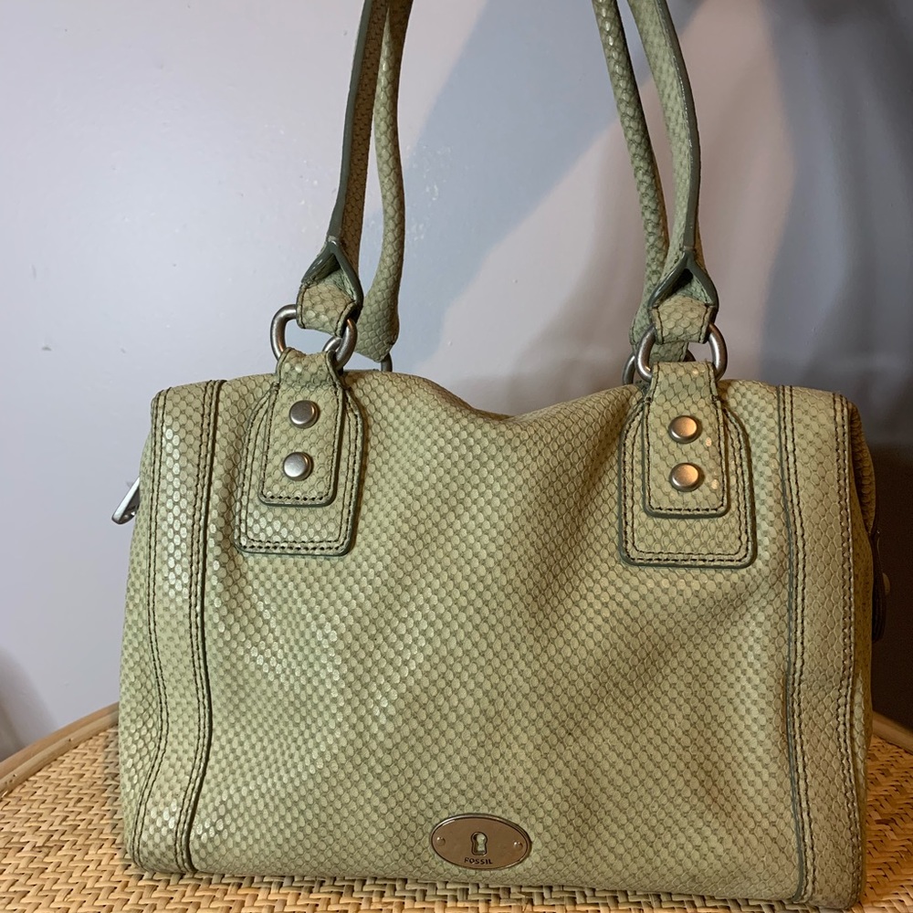FOSSIL COWHIDE SNAKESKIN EMBOSSED MARLOW SATCHEL BAG TAUPE TAN NUDE